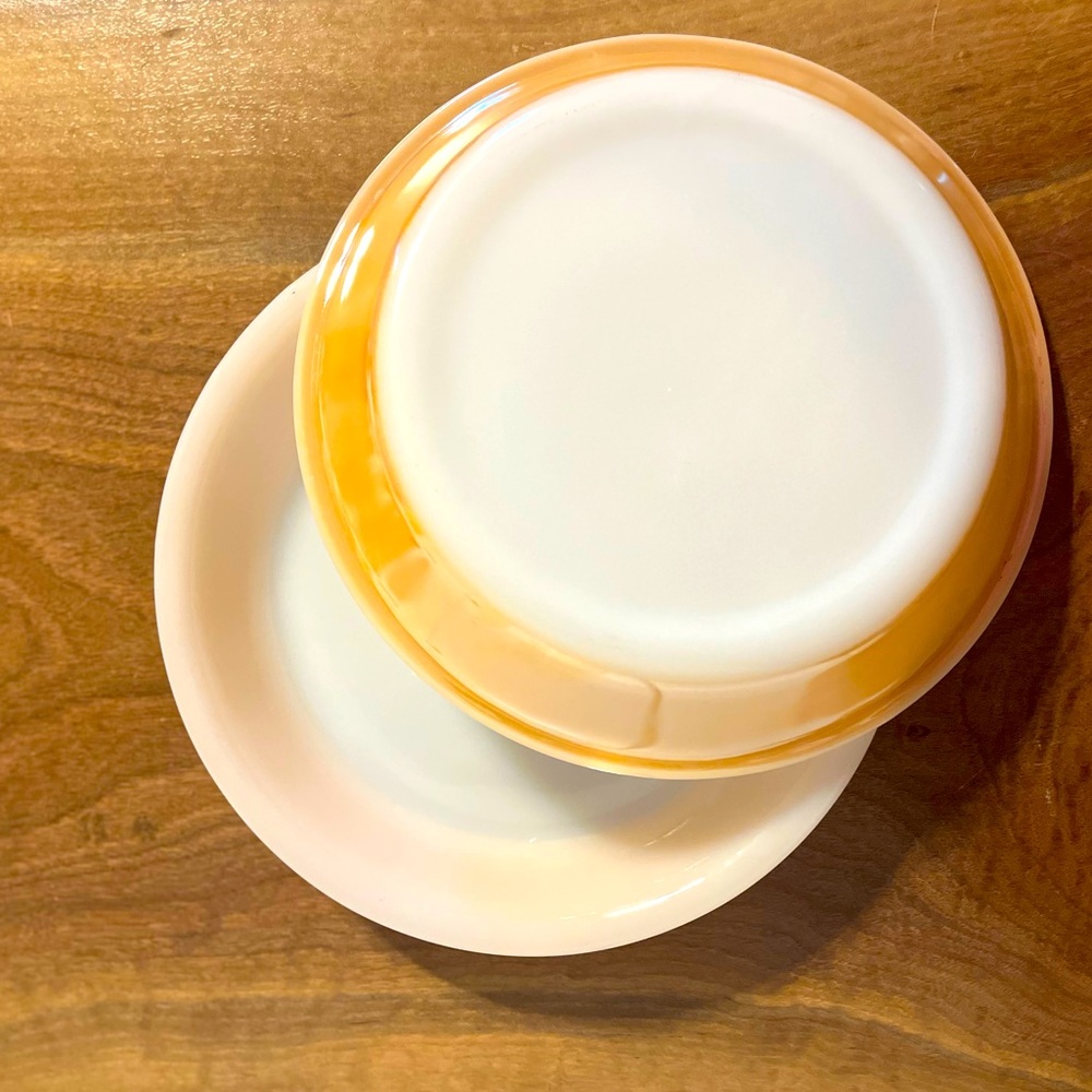 2 Vintage Fire King 9" Pie Plates Orange Lusterware